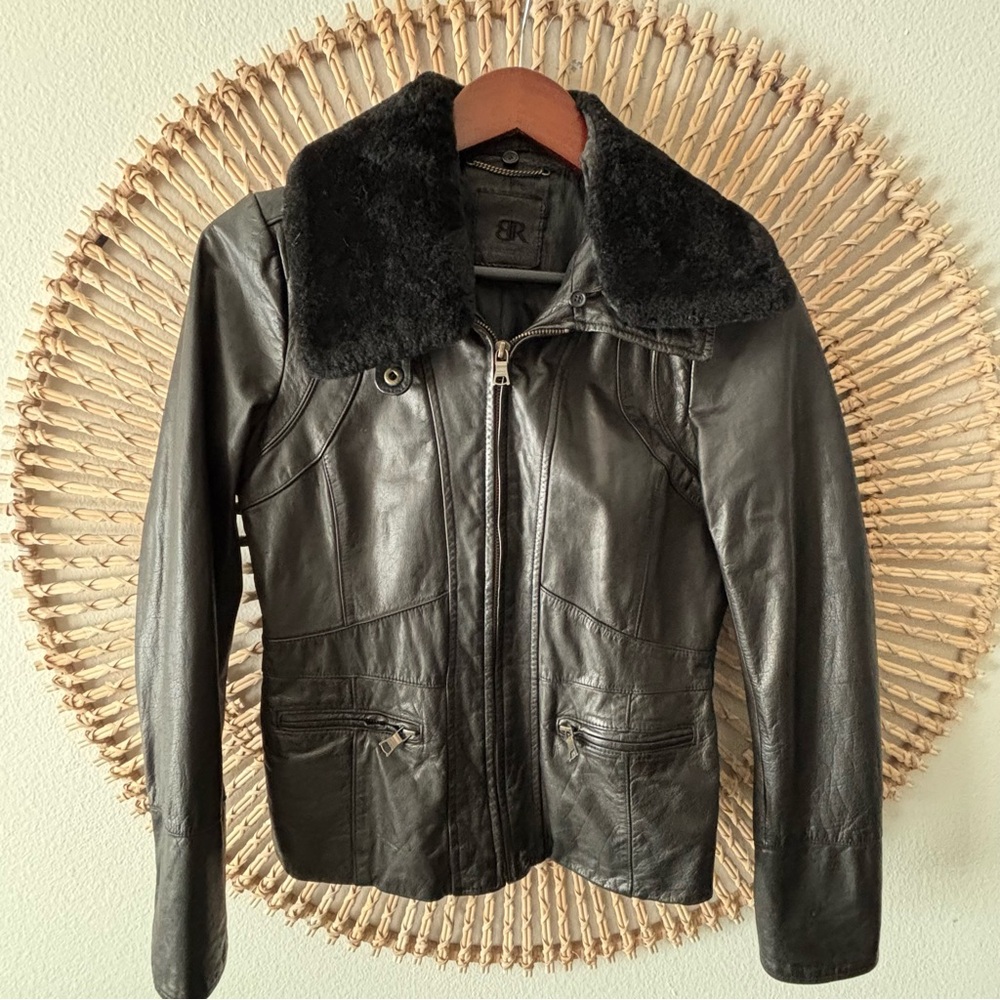Banana Republic Black Leather Jacket with removable Faux Fur Collar